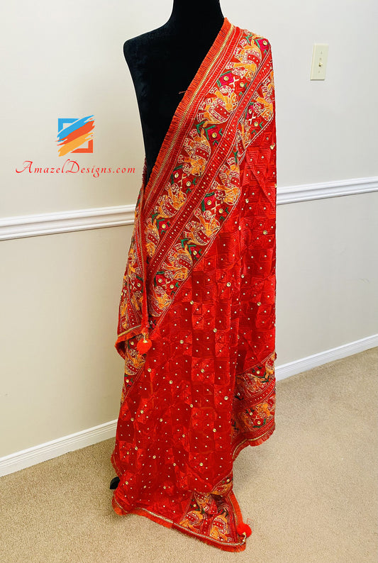 Hathi Work Four Sided Red Fulkari Crystal Work