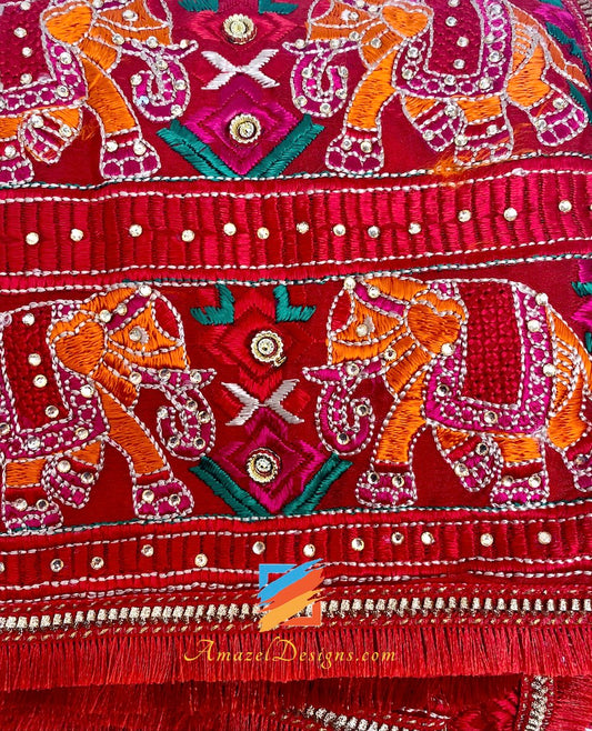 Hathi Work Four Sided Red Fulkari Crystal Work