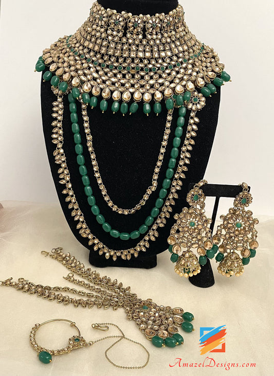 Heavy Bridal Necklace Long Haar Earrings Matha Patti Nath And Hand Pieces