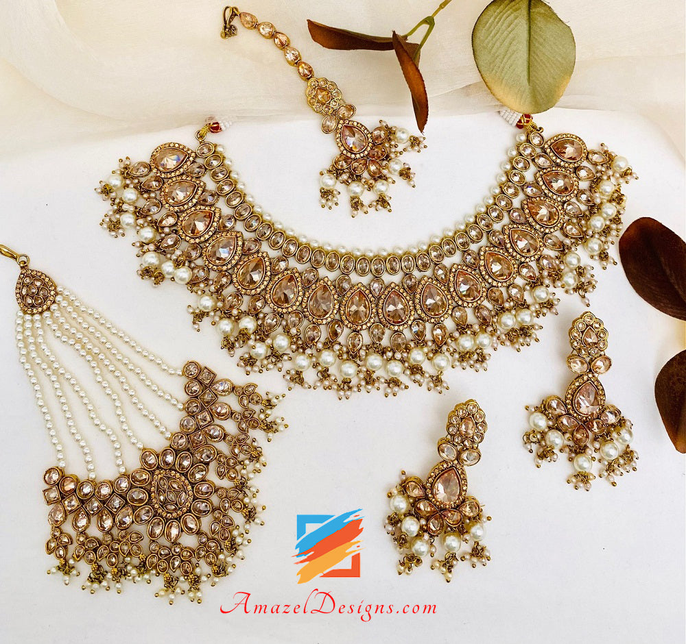 High Quality Dull Gold Antique Copper Tone  Polki Necklace Earrings Tikka and Passa/Jhumer Set