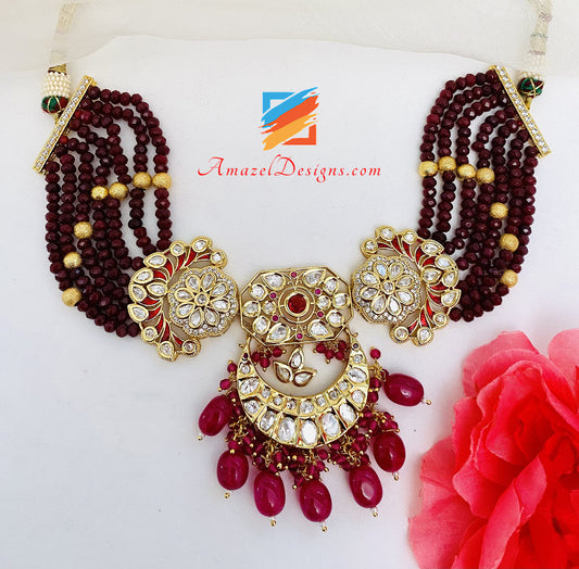 High Quality Kundan Ruby Maroon Choker Necklace Studs Set