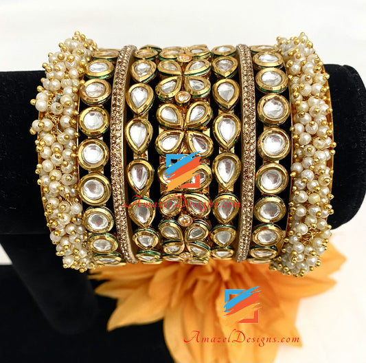 High Quality Kundan Statement Pearly Golden Kada Bangles Set