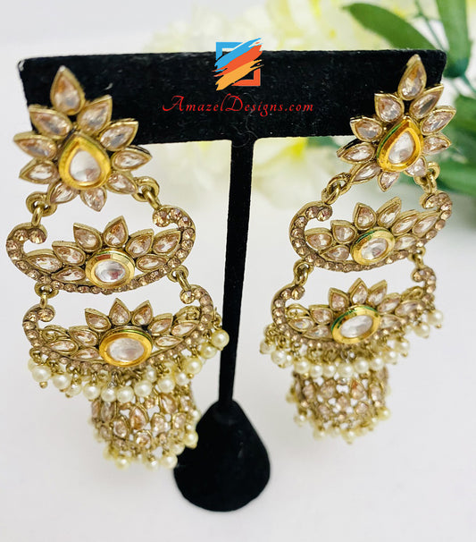 Orecchini Chandbali con pietre Kundan di alta qualità Jhumki