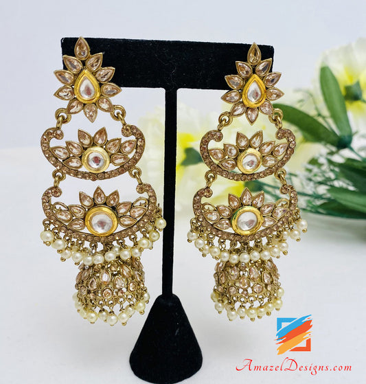 Hochwertige Kundan-Steine, Chandbali-Ohrringe, Jhumki