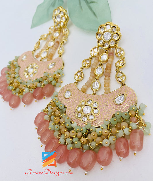 Statement Designer High Quality Meenakari Hand Painted Peachy Pink Kundan Earrings