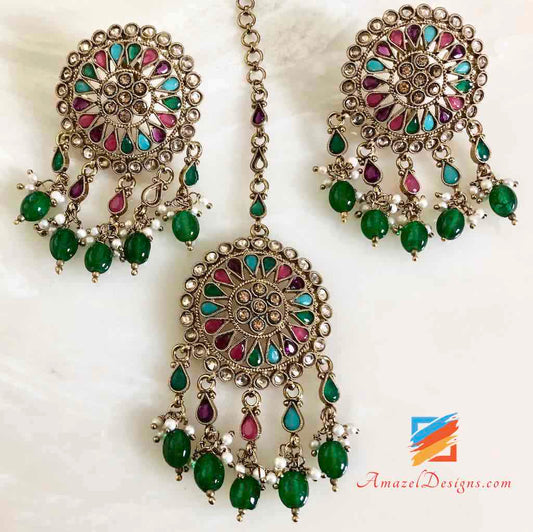 High Quality Multicoloured Choker with Emerald Beads and Stud Tikka Set