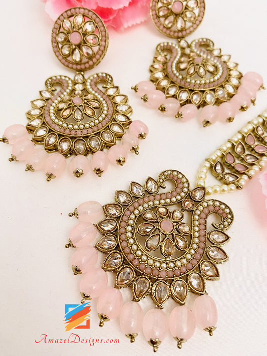 High Quality Pink Polki Earrings Tikka Set