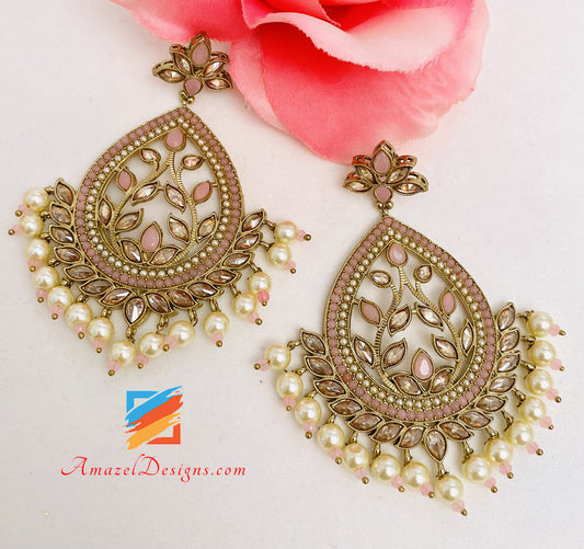 High Quality Pink Polki Earrings Tikka Set