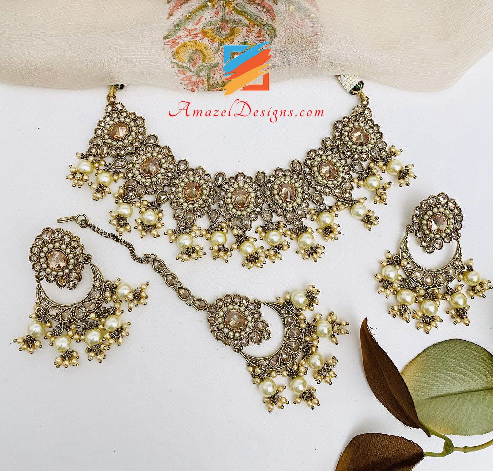 High Quality Polki Champagne Color Necklace Earrings Tikka set