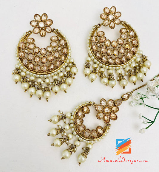 High Quality Polki Champagne Earrings Tikka Set