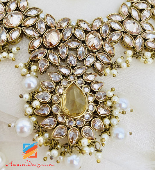 High Quality Polki Champagne With Golden Stone Necklace Studs Earrings Tikka Set