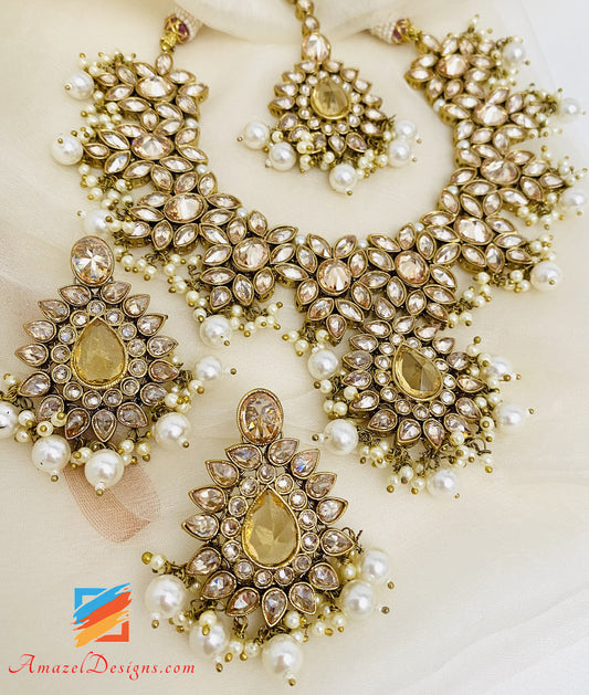 High Quality Polki Champagne With Golden Stone Necklace Studs Earrings Tikka Set