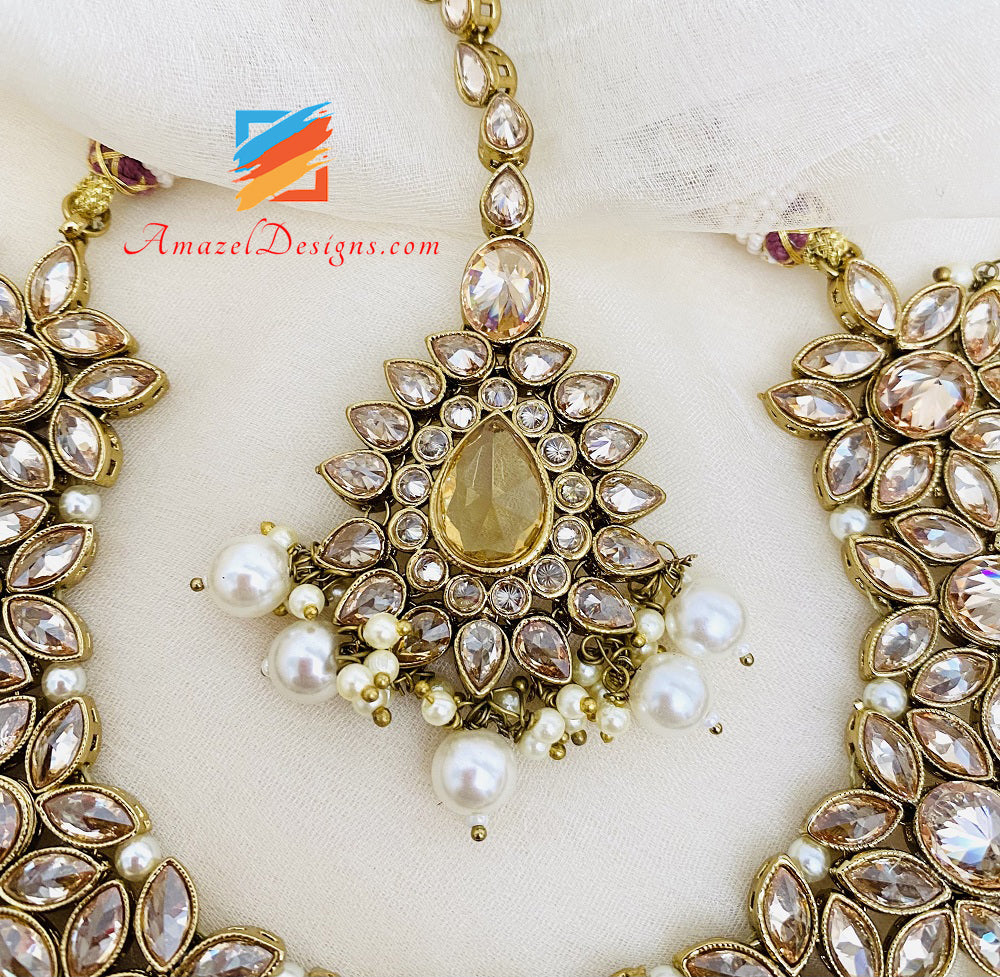 High Quality Polki Champagne With Golden Stone Necklace Studs Earrings Tikka Set