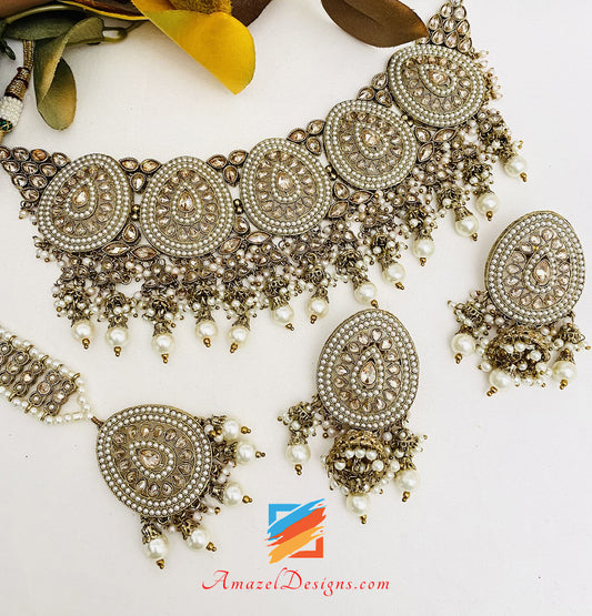 High Quality Polki Choker Necklace Earrings Tikka Set