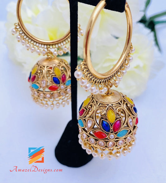 High Quality Polki Dull Gold Multicoloured Jhumki Valliyan