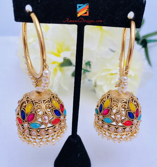 High Quality Polki Dull Gold Multicoloured Jhumki Valliyan