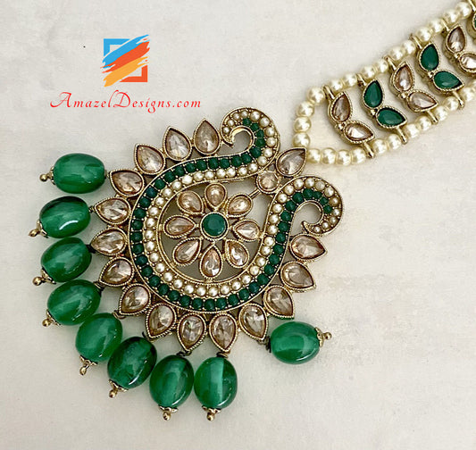 High Quality Polki Green Earrings Tikka Set