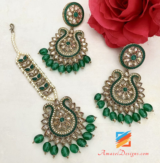 High Quality Polki Green Earrings Tikka Set