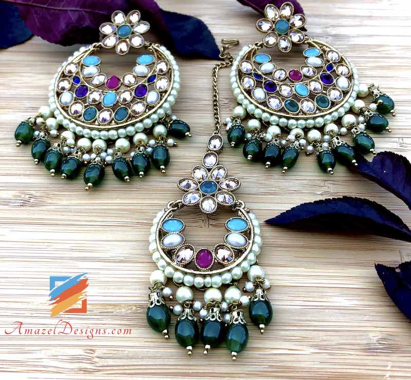 High Quality Polki Multicoloured Earrings Tikka Set with Emerald Beads
