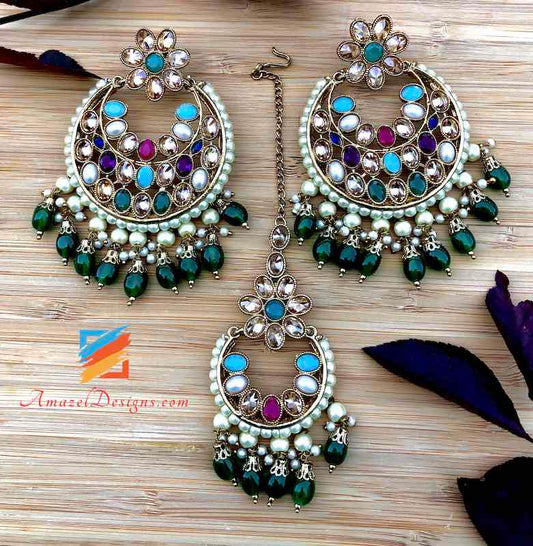 High Quality Polki Multicoloured Earrings Tikka Set with Emerald Beads