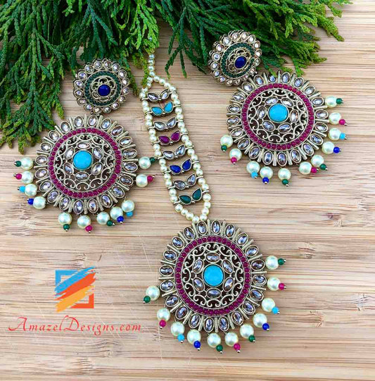 High Quality Polki Multicoloured Round Earrings Tikka Set