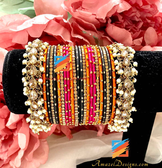 High Quality Polki Pearlie Silk Thread Bangle Set