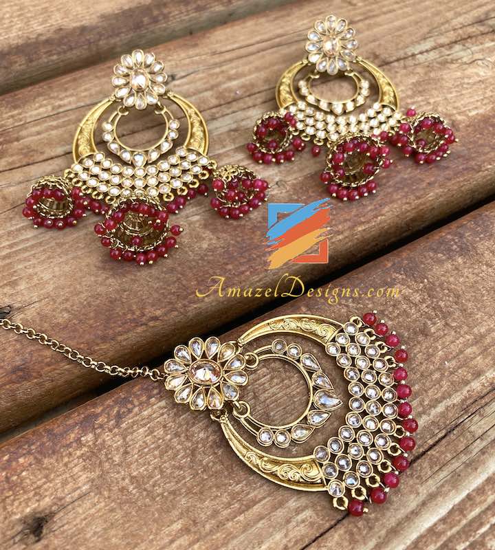 Hochwertige Chandbali-Ohrringe mit roten Perlen zum Aufhängen von Jhumkis