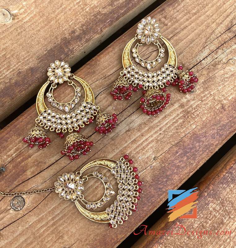 Hochwertige Chandbali-Ohrringe mit roten Perlen zum Aufhängen von Jhumkis