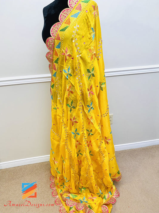 Phulkari giallo Gotta Patti di alta qualità con lavorazione a specchio e pizzo Tilla