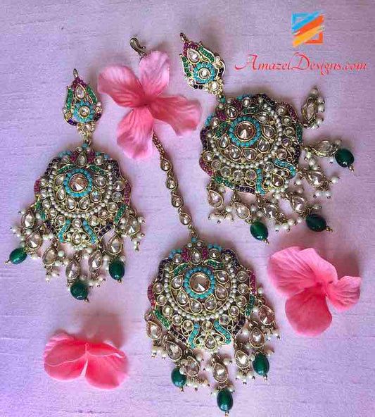 Emeraldq Pearls High Quality Multicoloured Polki Oversized Earring Tikka Set