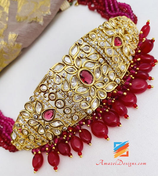 Hochwertiges Statement-Kundan-Rubin-Choker-Jhumki-Choker-Halsketten-Set 