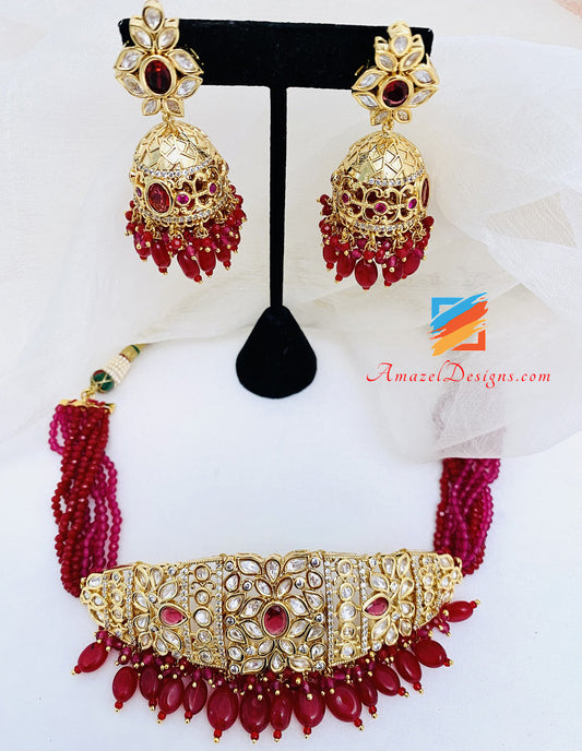 Set di collana girocollo Jhumki con girocollo in rubino Kundan di alta qualità 