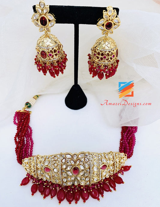 Hochwertiges Statement-Kundan-Rubin-Choker-Jhumki-Choker-Halsketten-Set 