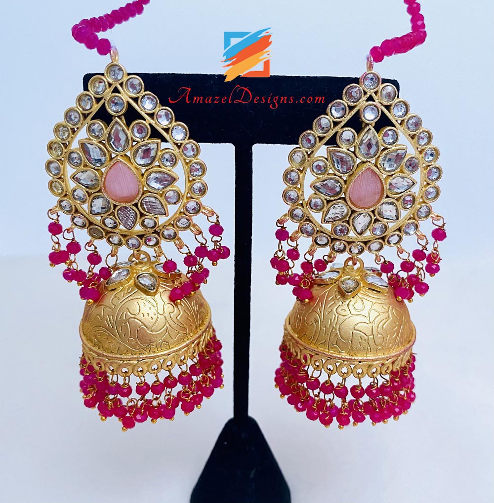 Hot Pink Kundan Jhumka Earrings Tikka Set