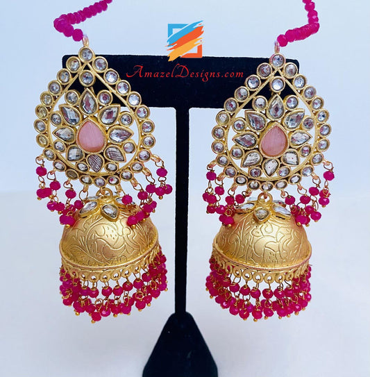 Set di orecchini Tikka Kundan Jhumka rosa caldo