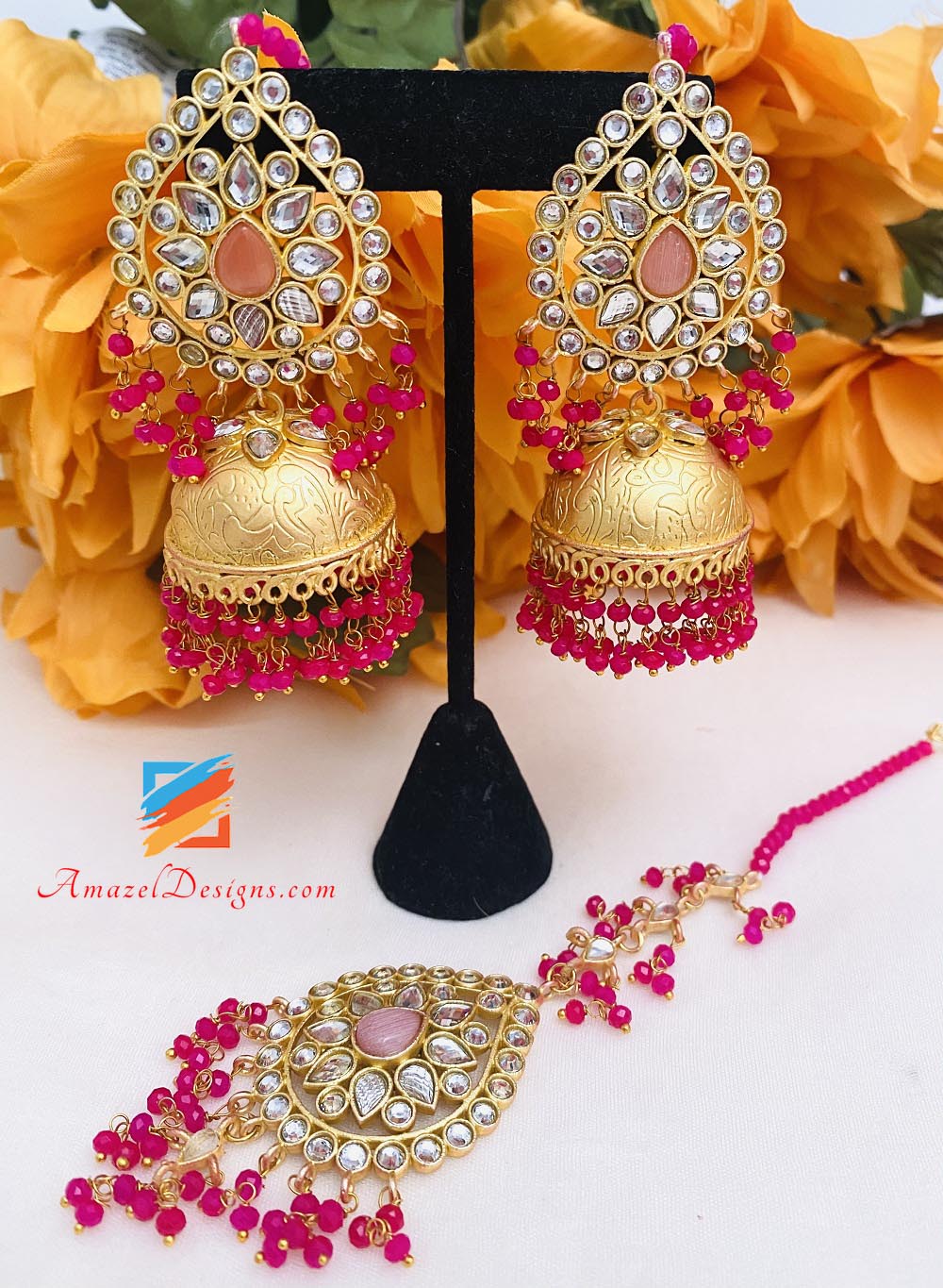 Hot Pink Kundan Jhumka Earrings Tikka Set