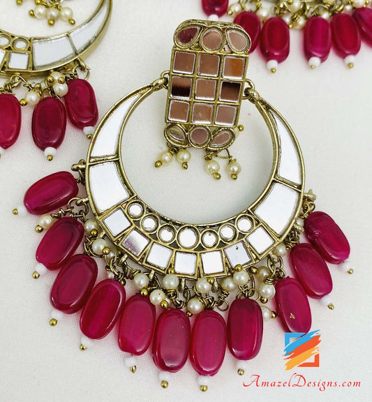 Hot Pink Lightweight Sheesha Earrings Tikka Set