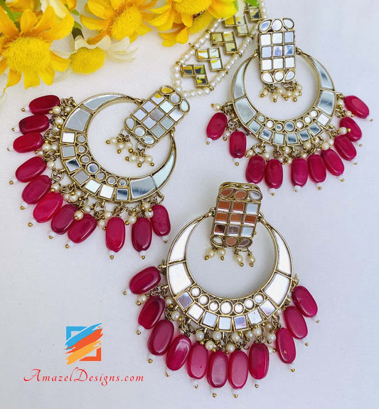 Hot Pink Lightweight Sheesha Earrings Tikka Set