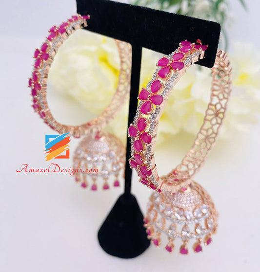 Hot Pink Magenta American Diamond AD Jhumki Waliyaan