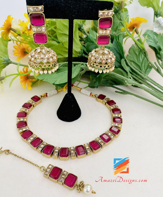 Hot Pink Magenta Monalisa Choker Necklace Jhumki Tikka Set