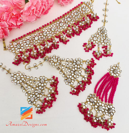 Hot Pink Magenta Kundan Crystal Leichte, flexible Choker-Ohrringe Tikka Passa Set 