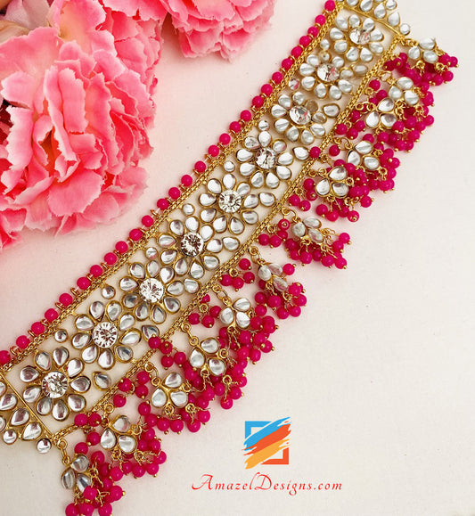 Hot Pink Magenta Kundan Crystal Leichte, flexible Choker-Ohrringe Tikka Passa Set 