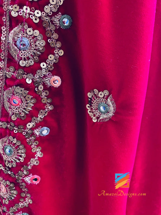 Hot Pink Magenta Mirror Tilla Multicoloured Thread Velvet Shawl