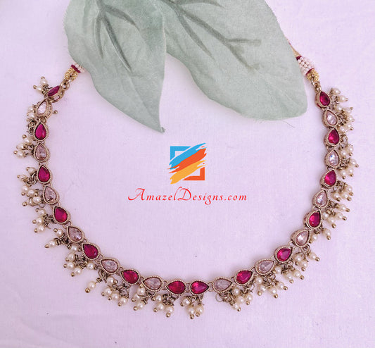 Hot Pink Magenta Single Line Polki Pearly Necklace