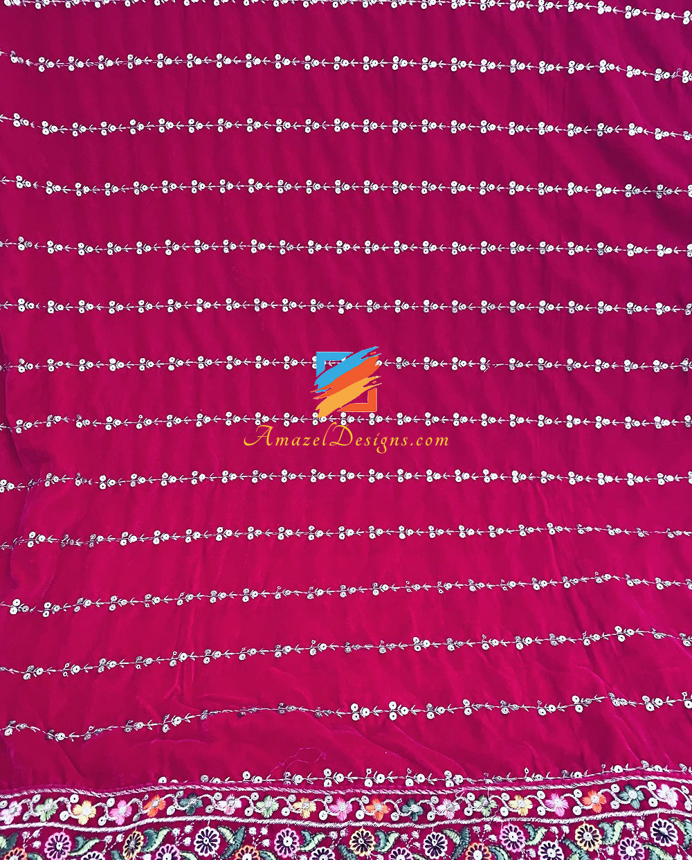 Hot Pink Magenta thread bordi scialle di velluto Tilla Sitara 