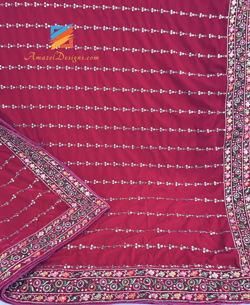Hot Pink Magenta thread bordi scialle di velluto Tilla Sitara 