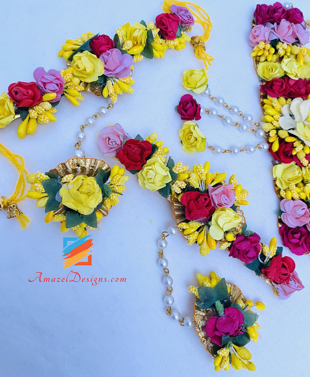 Hot Pink Magenta Yellow Necklace Jhumka Earrings Hand Pieces Tikka Flower Set