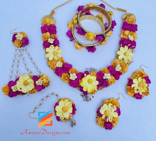Hot Pink Magenta Yellow Halskette Kada Passa und Tikka Flower Set
