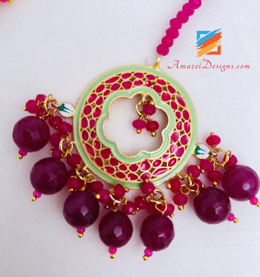Hot Pink Mint Hand Painted Studs And Tikka Set