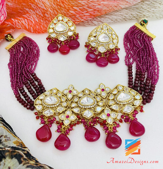 Set di borchie per collana girocollo Kundan con rubino rosa caldo di alta qualità 